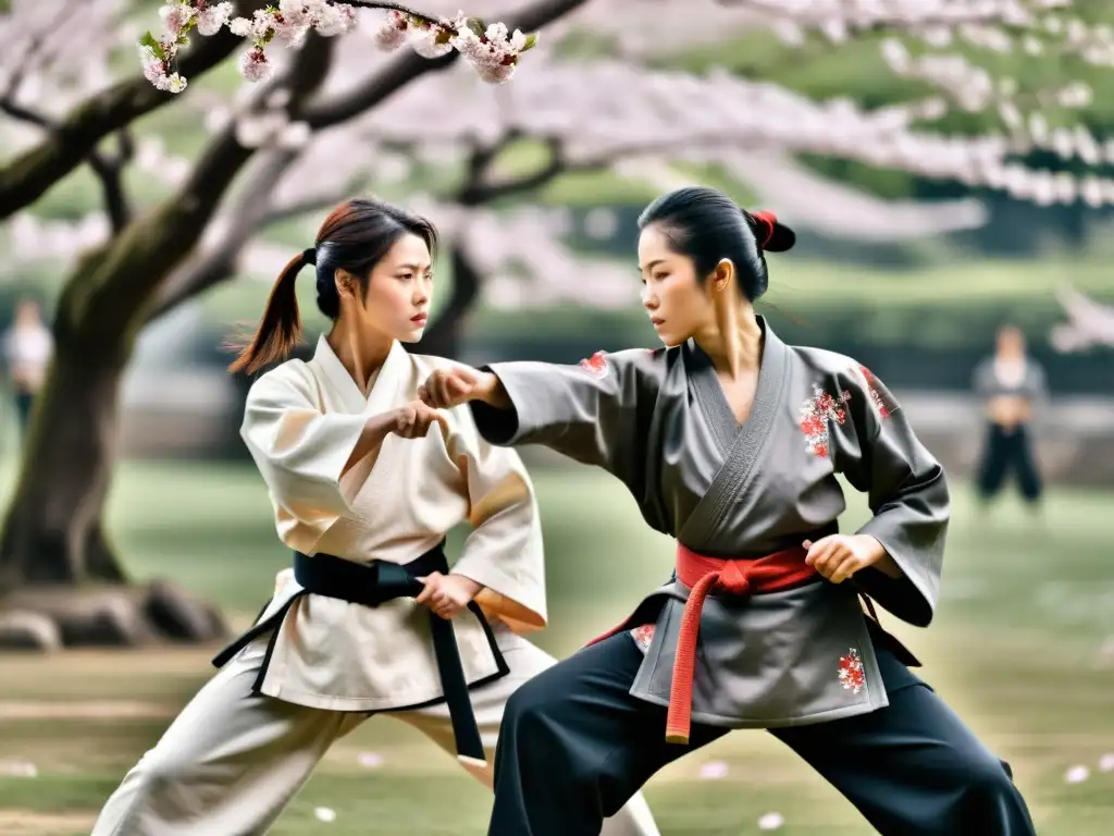 Un grupo de mujeres modernas practicando artes marciales en atuendos samurái, rodeadas de árboles de cerezo en flor