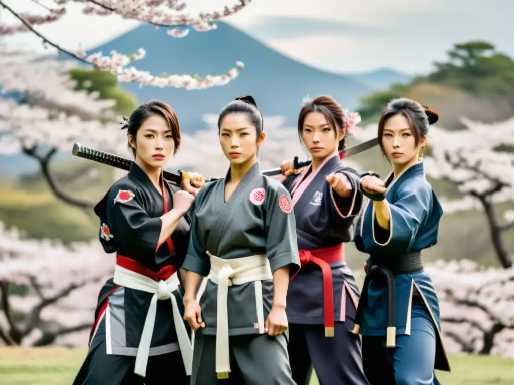 Un grupo de mujeres samurái modernas, poderosas y seguras, exhiben su destreza con armas marciales en un paisaje japonés sereno pero poderoso