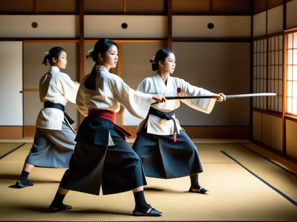 Un grupo de mujeres practican Naginatajutsu en un dojo tradicional, mostrando fuerza y determinación