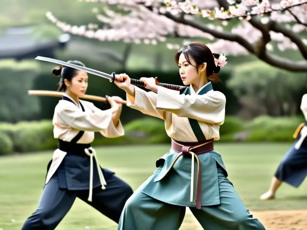 Un grupo de mujeres practica naginatajutsu bajo la guía de una sensei, rodeadas de la belleza de los cerezos en flor