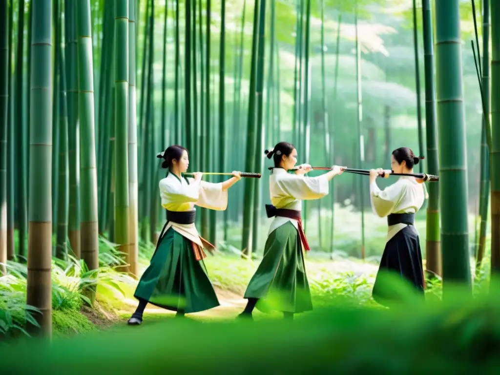 Un grupo de mujeres practicantes de kyudo, vistiendo atuendos samurái, se destacan en un bosque de bambú