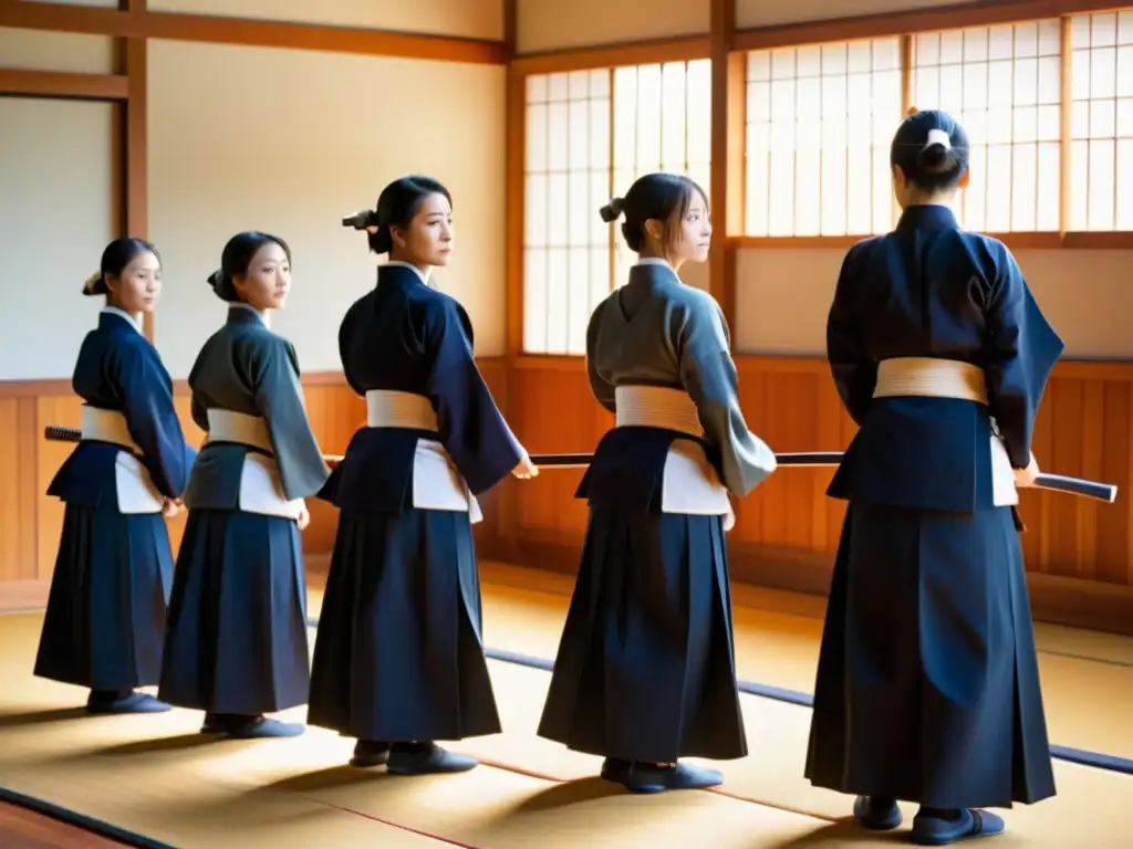 Un grupo de mujeres practicantes de kendo con determinación en un dojo iluminado por la luz del sol