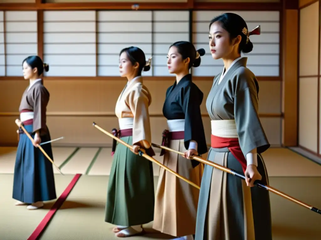 Un grupo de mujeres practicantes de kyudo, vestidas con trajes tradicionales, listas para demostrar su destreza en el arte japonés del arco y flecha