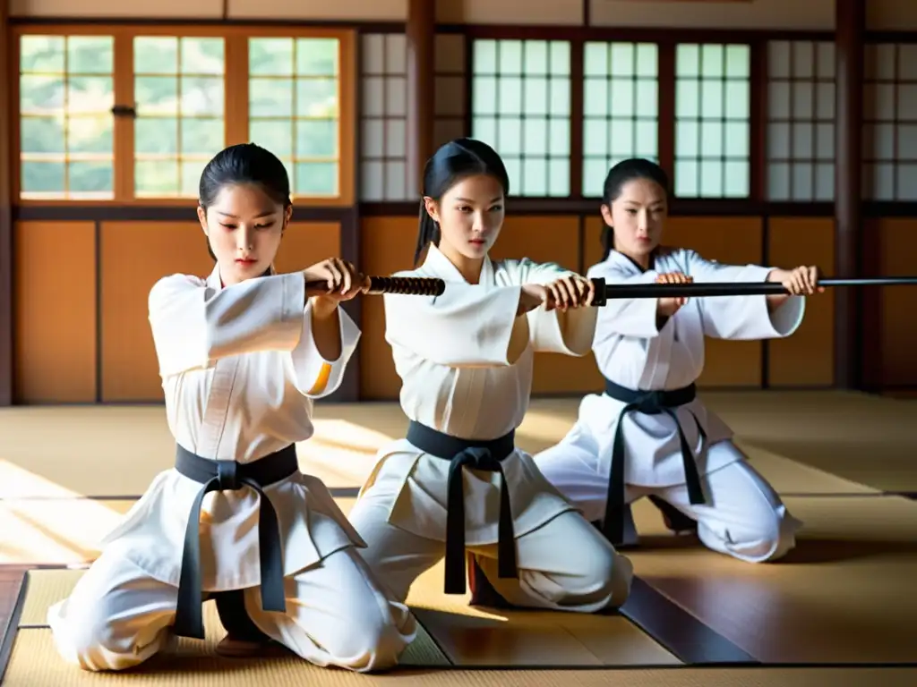 Un grupo de mujeres practicantes de naginatajutsu realizando movimientos precisos con elegancia y determinación, capturando la esencia de la habilidad y empoderamiento en el arte del naginatajutsu bajo la cálida luz del dojo