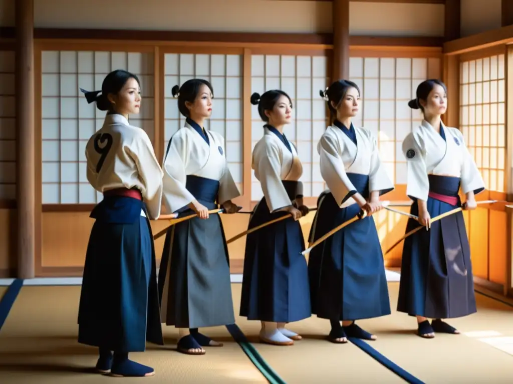 Un grupo de mujeres practicantes de kyudo, vistiendo uniformes tradicionales, se preparan para disparar flechas con precisión en un dojo japonés