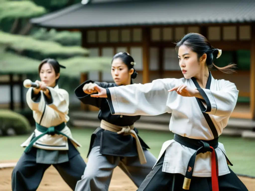 Un grupo de mujeres samurái en el arte marcial, con trajes tradicionales, demostrando habilidad y fuerza en un jardín japonés sereno