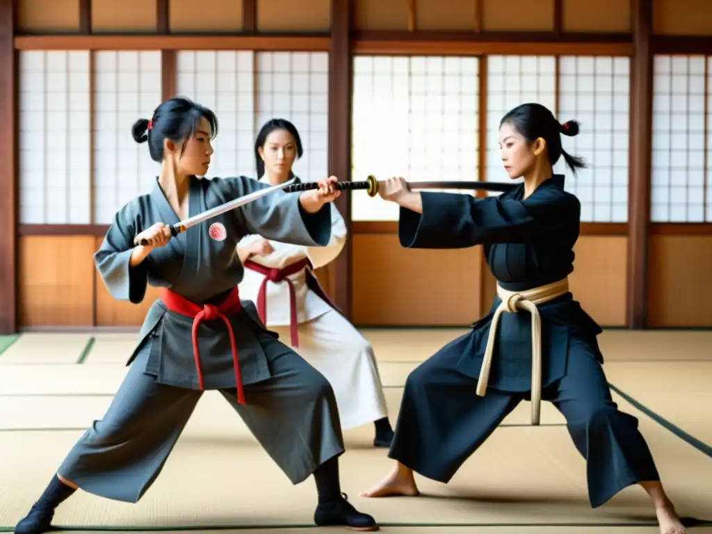 Grupo de mujeres samurái practicando artes marciales con determinación en un dojo japonés, destacando su fuerza y disciplina