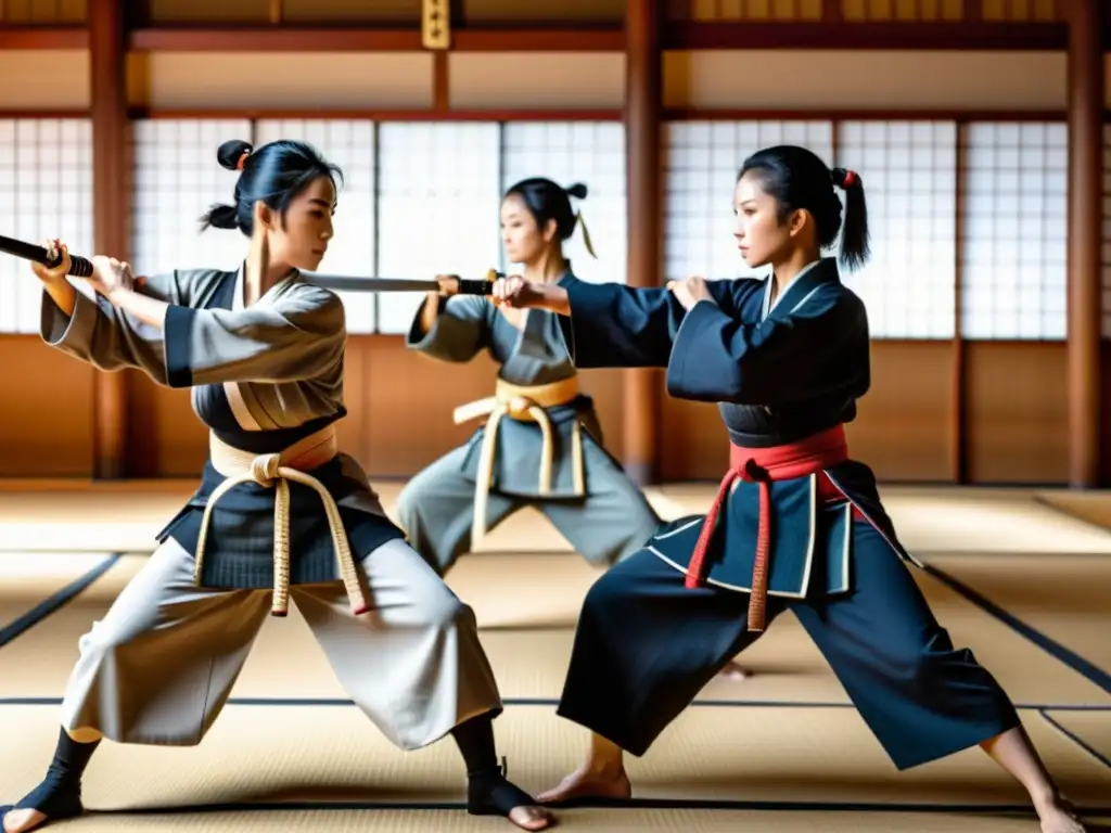 Un grupo de mujeres samurái practican artes marciales con determinación en un dojo tradicional