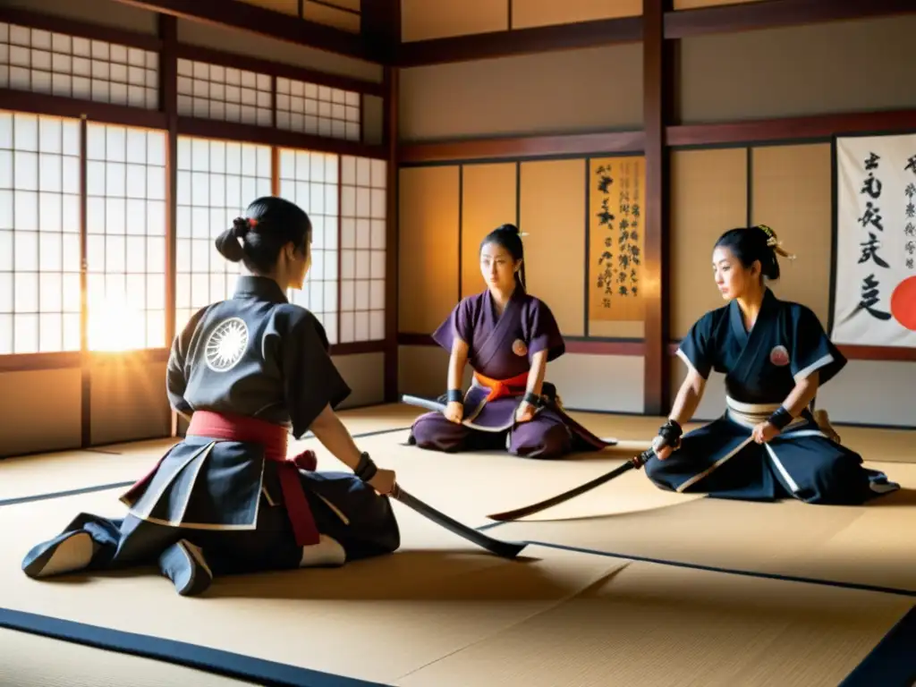 Un grupo de mujeres samurái practicando artes marciales en un dojo tradicional, mostrando su habilidad y disciplina