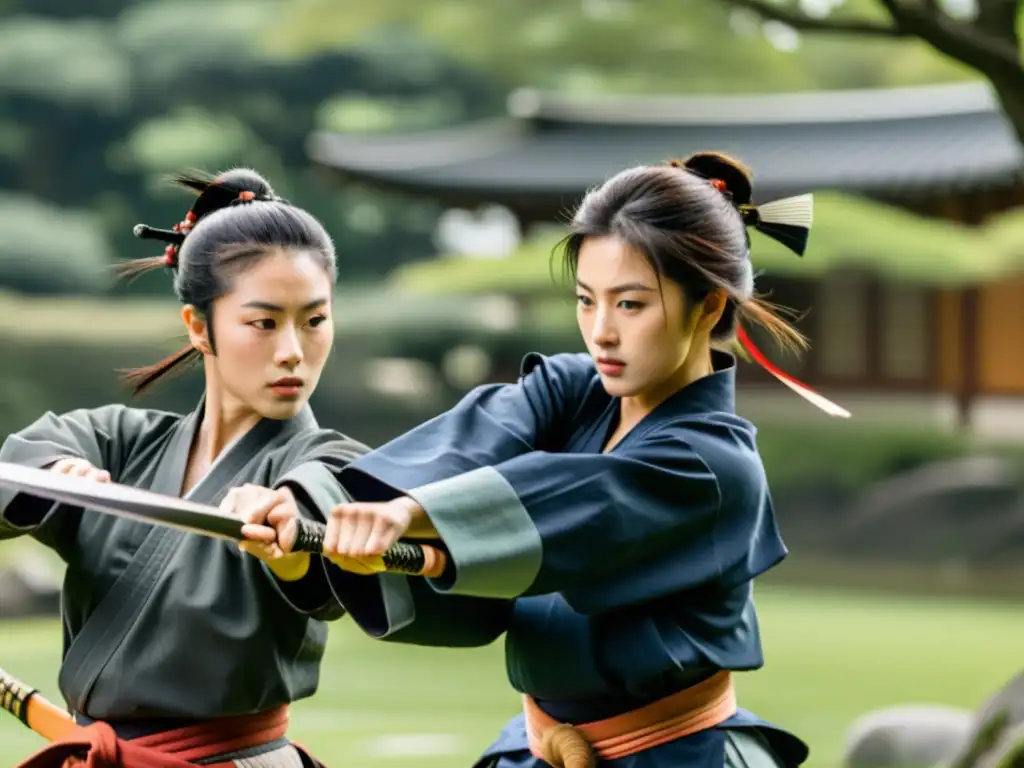 Un grupo de mujeres samurái practicando artes marciales en un jardín japonés, mostrando fuerza y disciplina