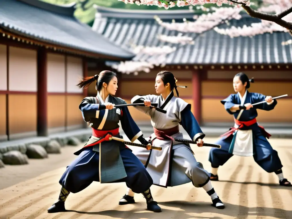 Un grupo de mujeres samurai practican artes marciales en un patio soleado, rodeadas de cerezos en flor