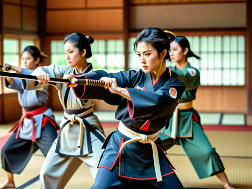 Un grupo de mujeres samurái practican artes marciales en un dojo japonés, demostrando fuerza y disciplina en la transmisión de la cultura samurái