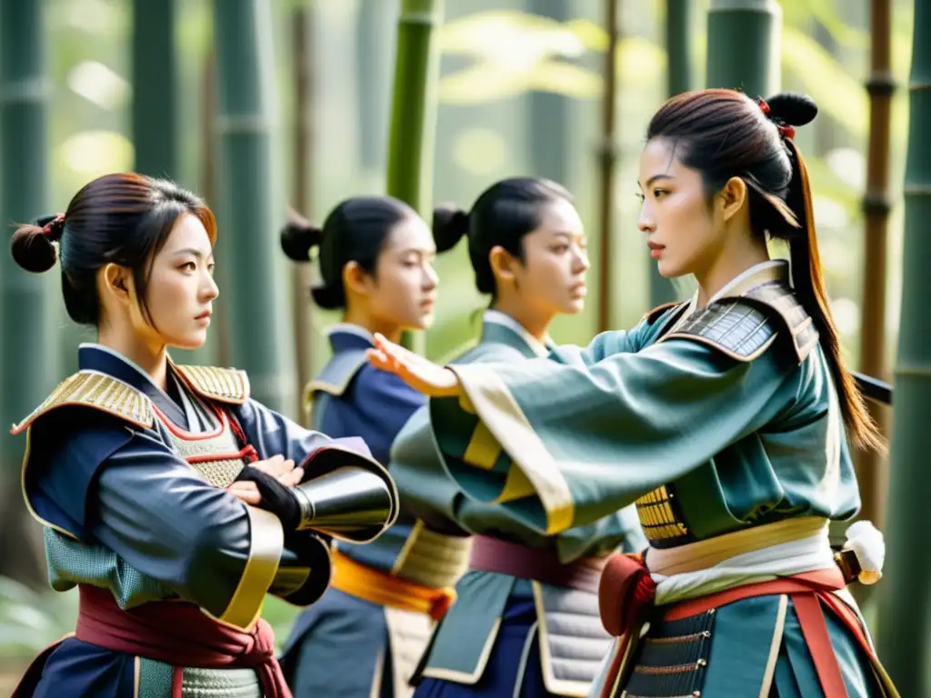 Grupo de mujeres samurái practicando artes marciales en un bosque de bambú, mostrando determinación y destreza en sus roles de la mujer samurái