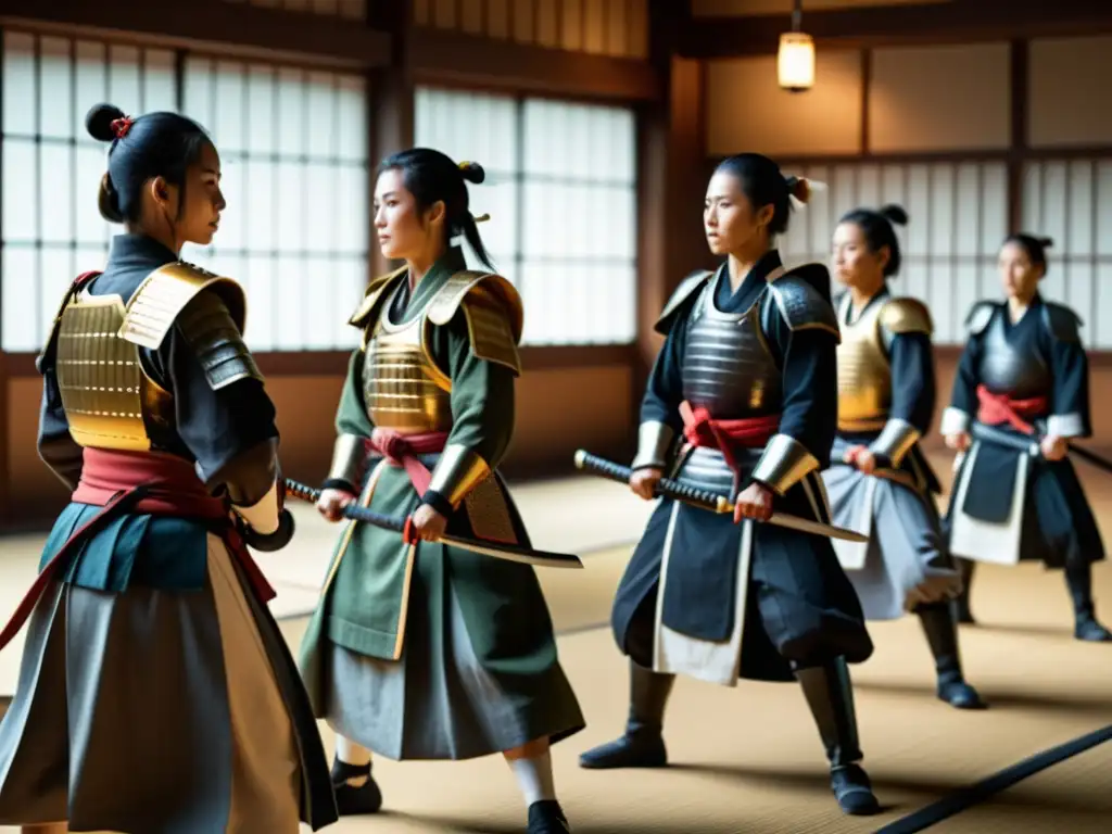 Un grupo de Mujeres Samurái practicando artes marciales con intensidad en un dojo tradicionalmente iluminado