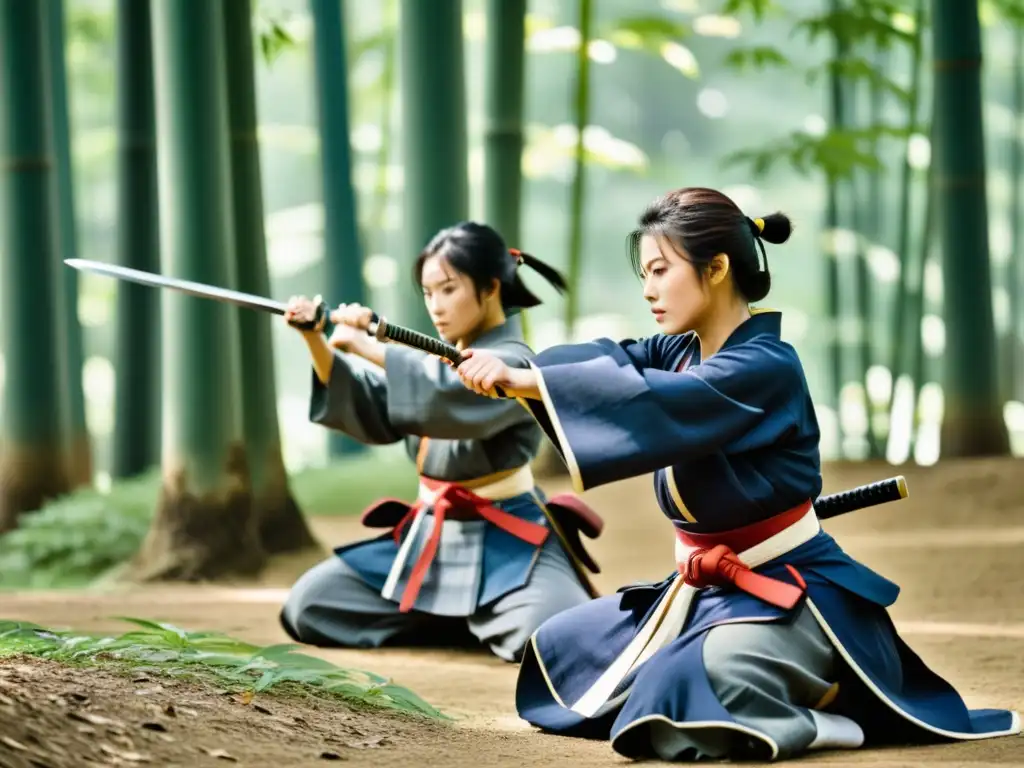 Un grupo de mujeres samurái practican artes marciales con katanas en un bosque de bambú, reflejando la disciplina y honor de su herencia samurái