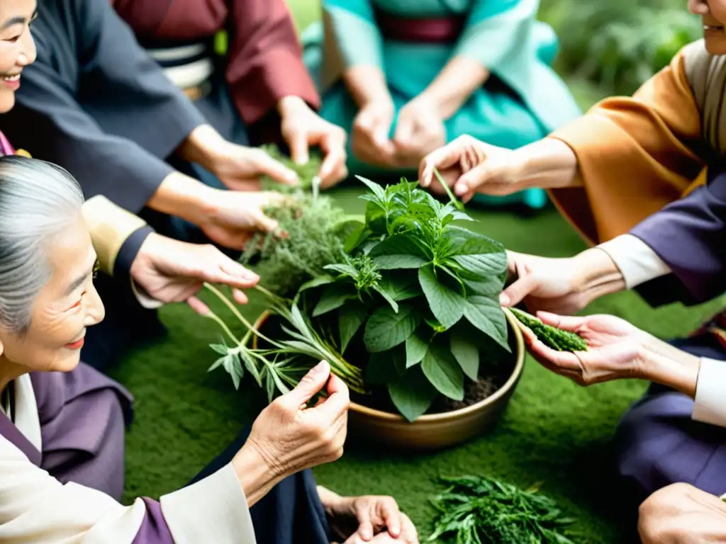 Un grupo de mujeres samurái en atuendos tradicionales intercambian sabiduría sobre medicina herbal