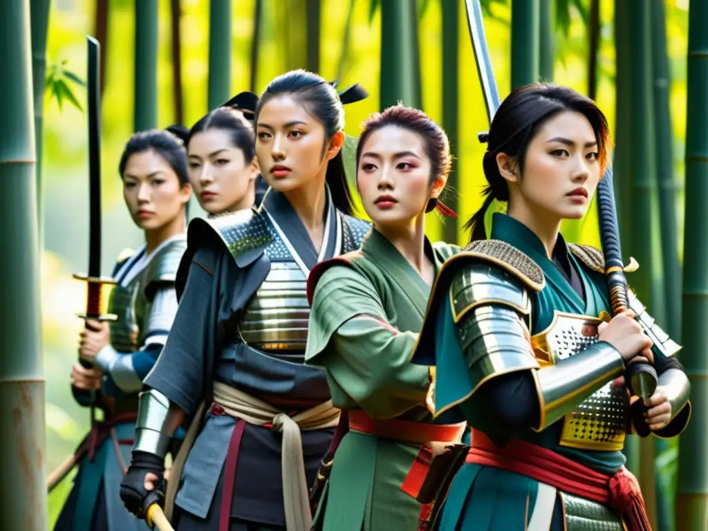 Un grupo de mujeres samurái en un bosque de bambú, mostrando su fuerza y habilidad como guerreras