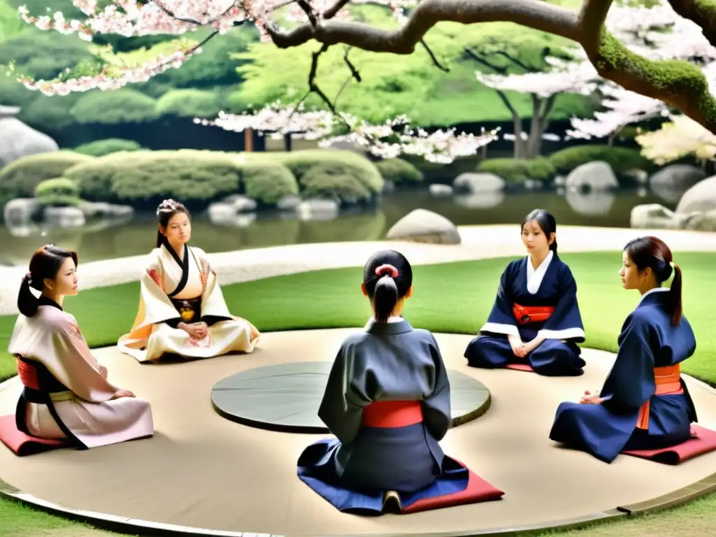 Grupo de mujeres samurái en círculo escuchan con respeto a su mentora, en un jardín japonés con cerezos en flor