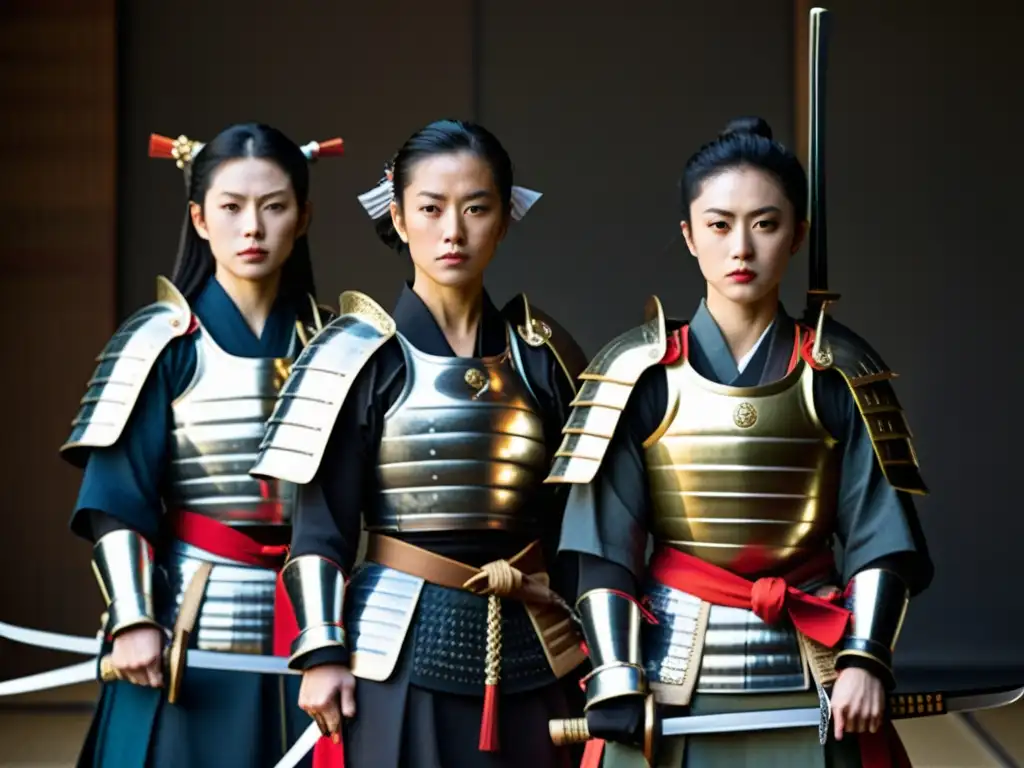 Samuráis femeninas: Fuerza y determinación Un grupo de mujeres en samurái, desafiantes y empoderadas, con expresiones serias y armas tradicionales, destacando su fuerza y determinación