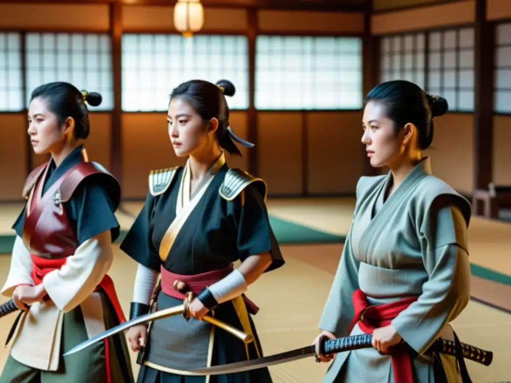 Un grupo de mujeres samurái en un dojo japonés, discutiendo estrategias con determinación