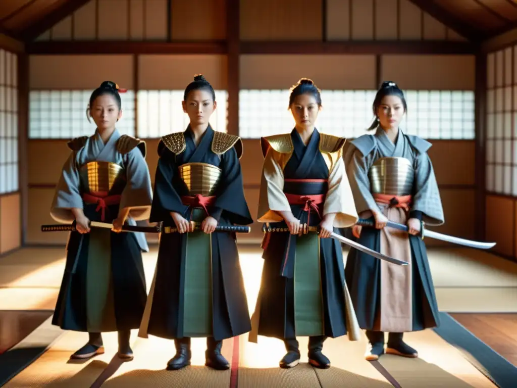 Grupo de mujeres samurái en un dojo, con expresiones enfocadas y katanas de madera en mano, reflejando su dedicación a la espada