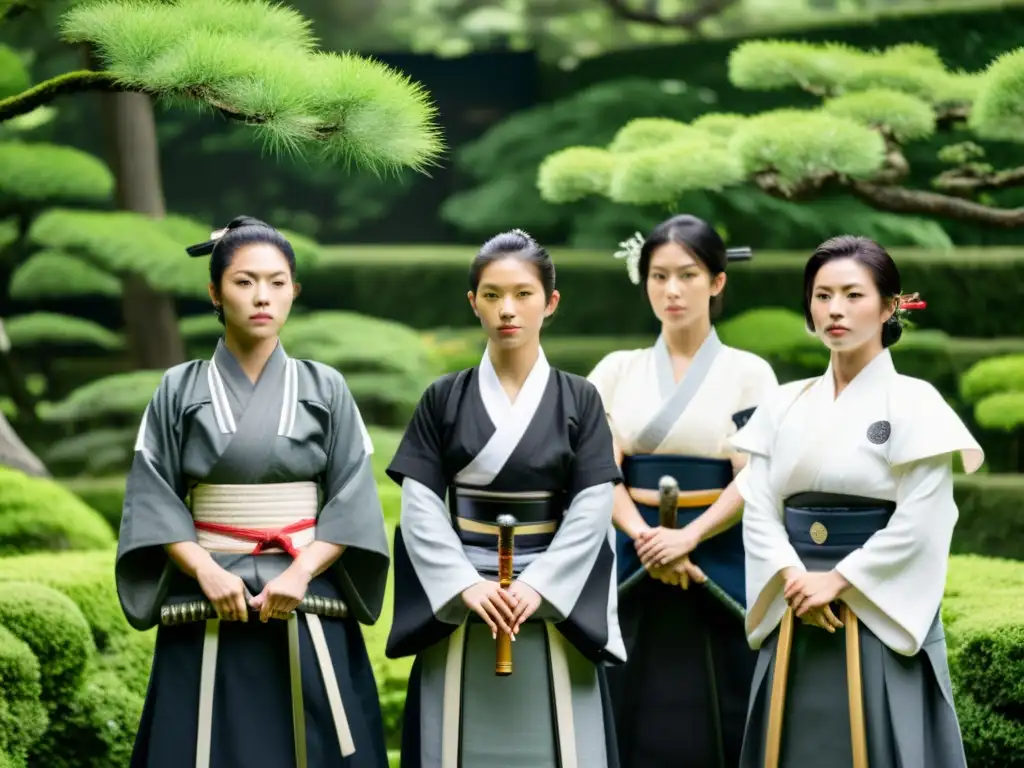 Un grupo de mujeres samurái en un jardín japonés, mostrando su poder económico y determinación en la sociedad samurái