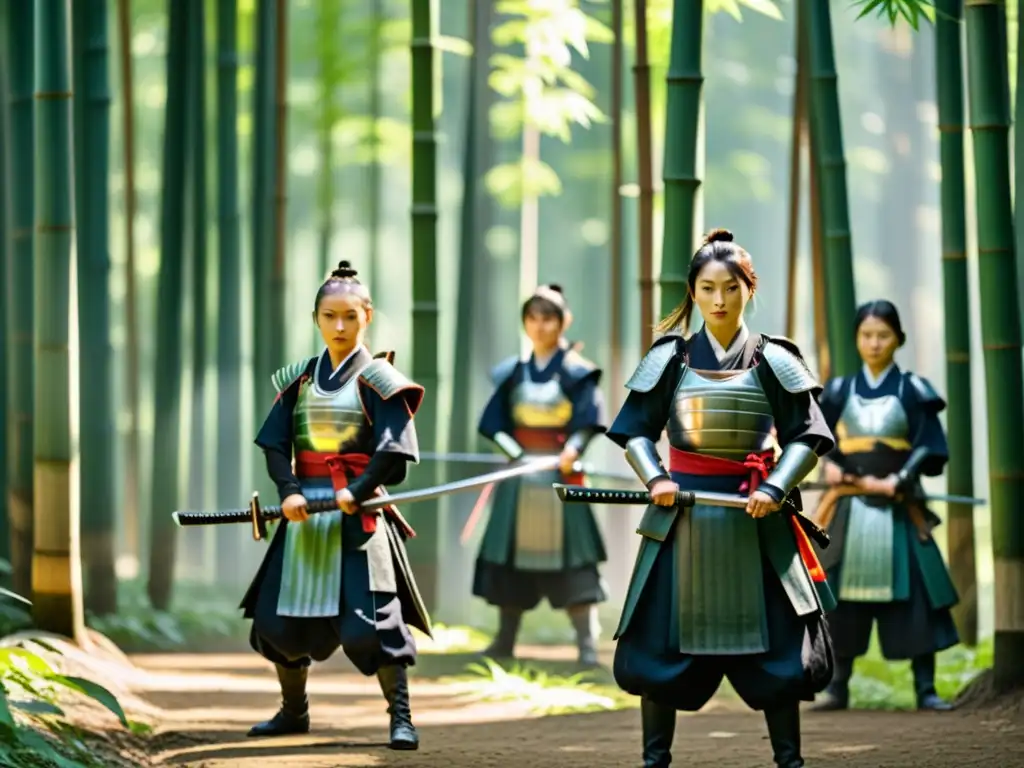 Grupo de mujeres samurái en la era moderna practicando katana en un bosque de bambú