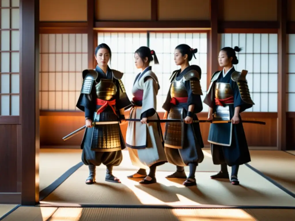 Grupo de mujeres samurái en la era moderna, orgullosas y fuertes, entrenando en un dojo iluminado por el sol