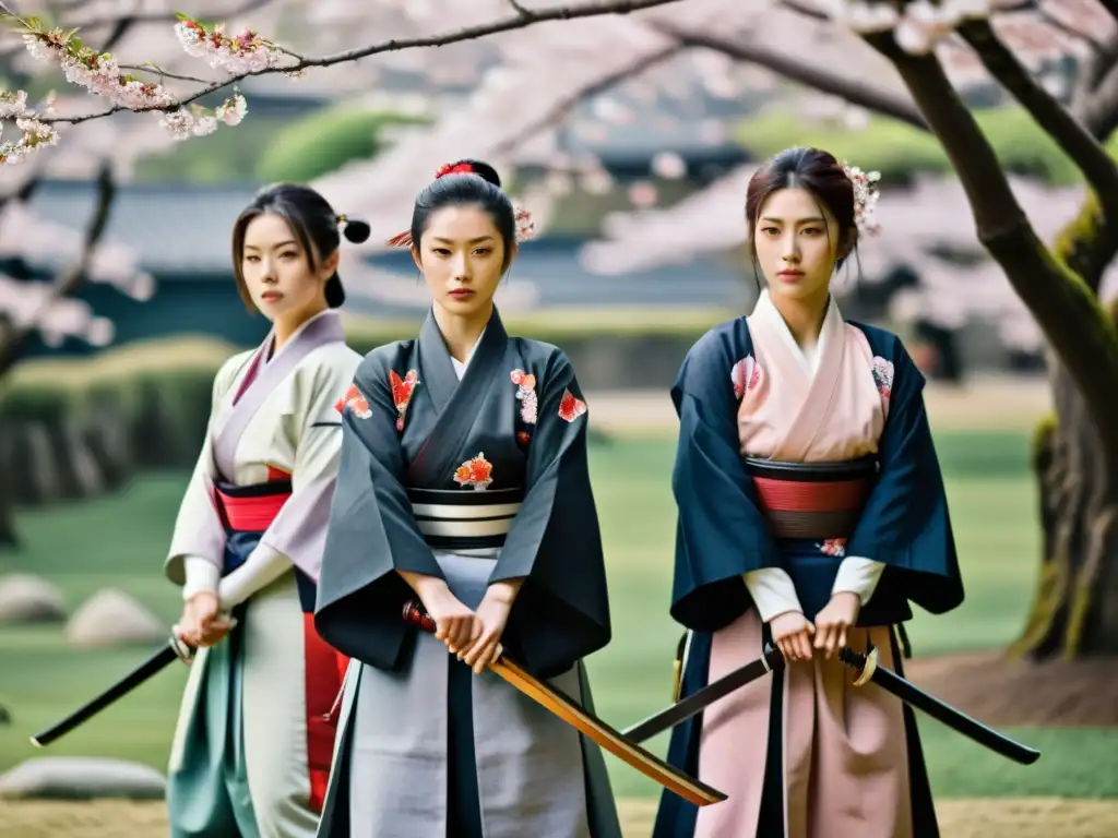 Un grupo de mujeres samurái en un jardín sereno con árboles de cerezo en flor