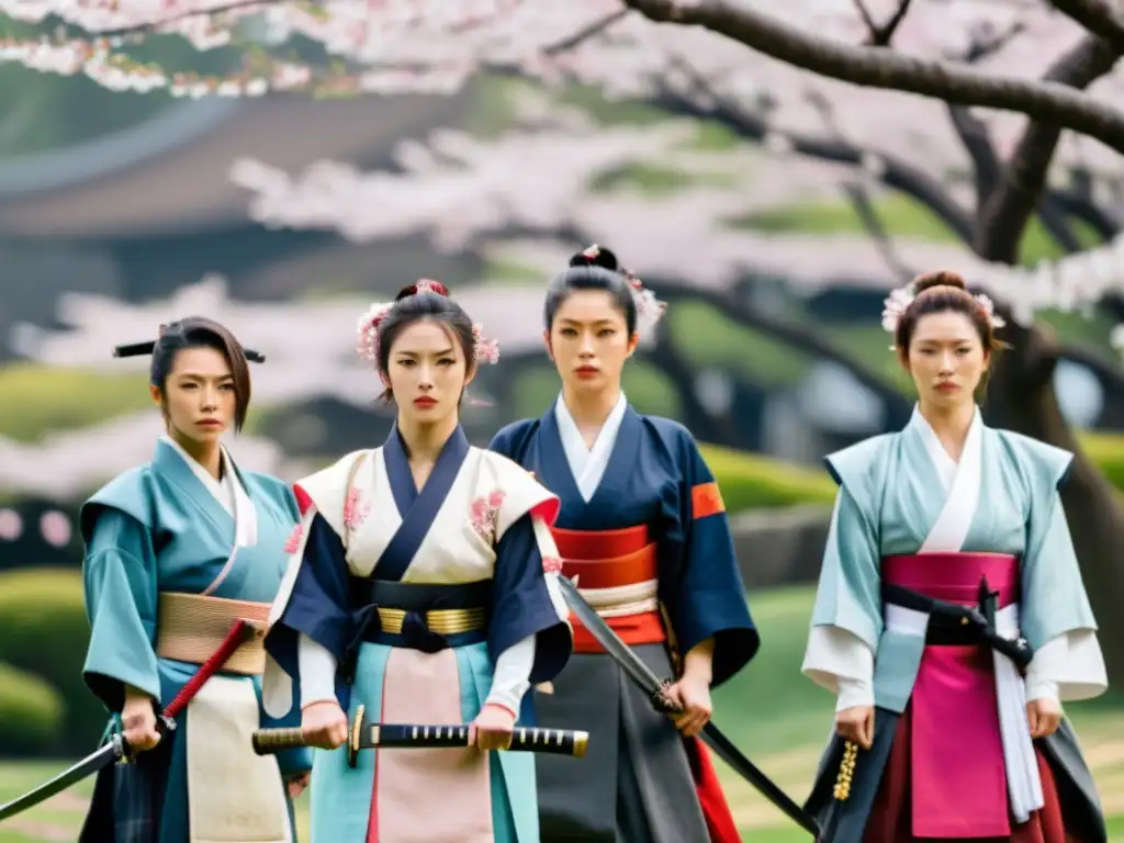 Samuráis femeninas desafiantes bajo cerezos en flor Un grupo de mujeres samurái con trajes tradicionales y katanas, desafiantes bajo los cerezos en flor