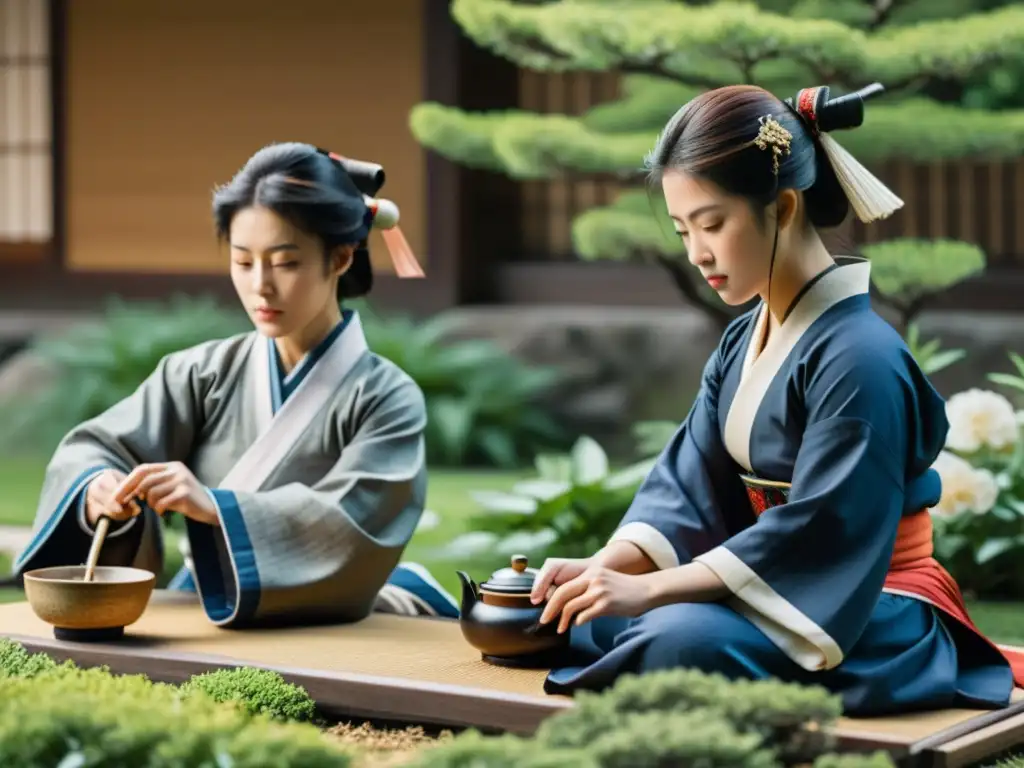 Un grupo de mujeres samuráis realizando actividades diarias con gracia y fuerza, en un entorno japonés tradicional