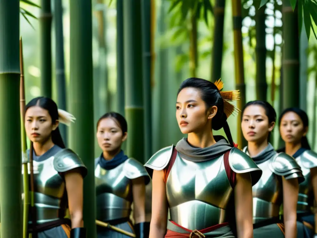 Un grupo de mujeres samuráis en armadura tradicional, de pie en un bosque de bambú con luz solar entre las hojas