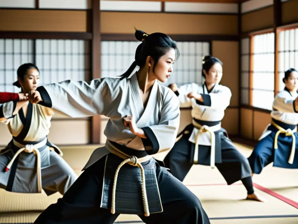 Grupo de mujeres samuráis practicando artes marciales en un dojo tradicional, destacando su rol en la transmisión de la cultura samurái