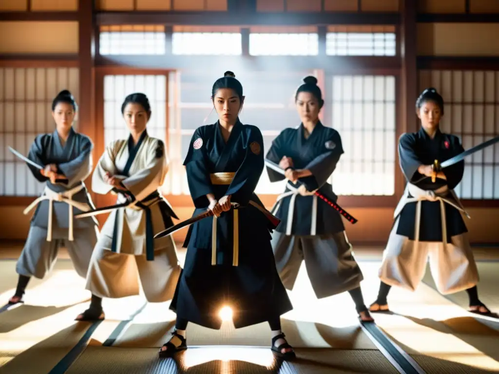 Un grupo de mujeres samuráis en un dojo, entrenando con determinación y fuerza, bajo la mirada atenta de un sensei