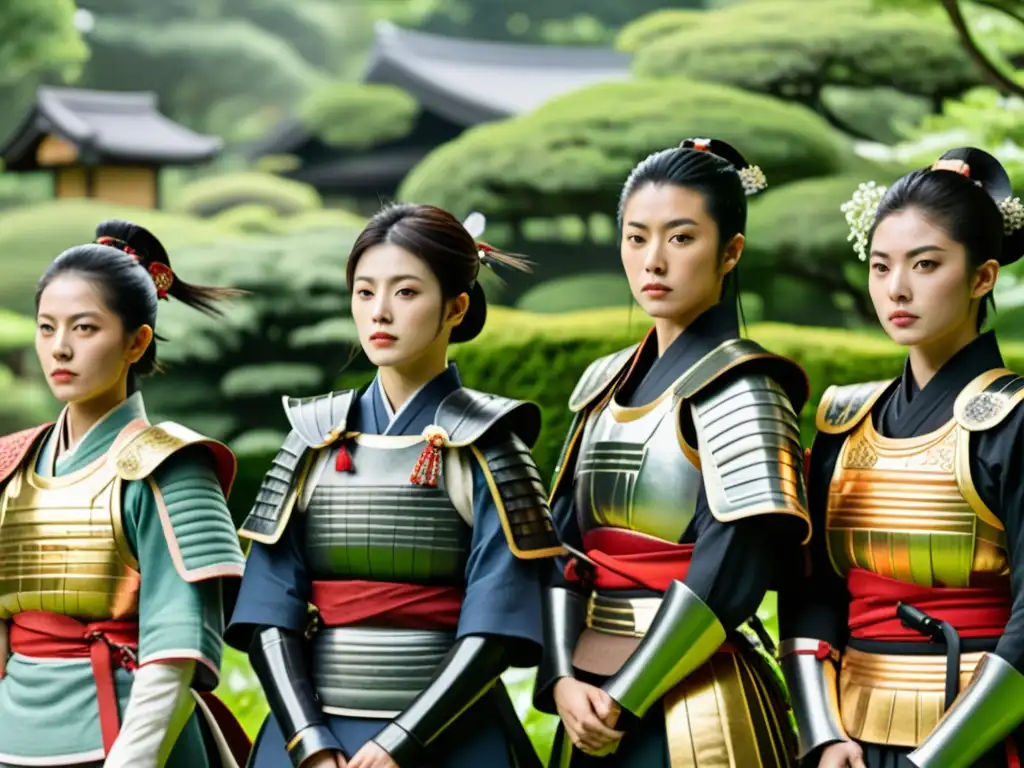 Un grupo de mujeres samuráis en un exuberante jardín japonés, irradiando fuerza y gracia