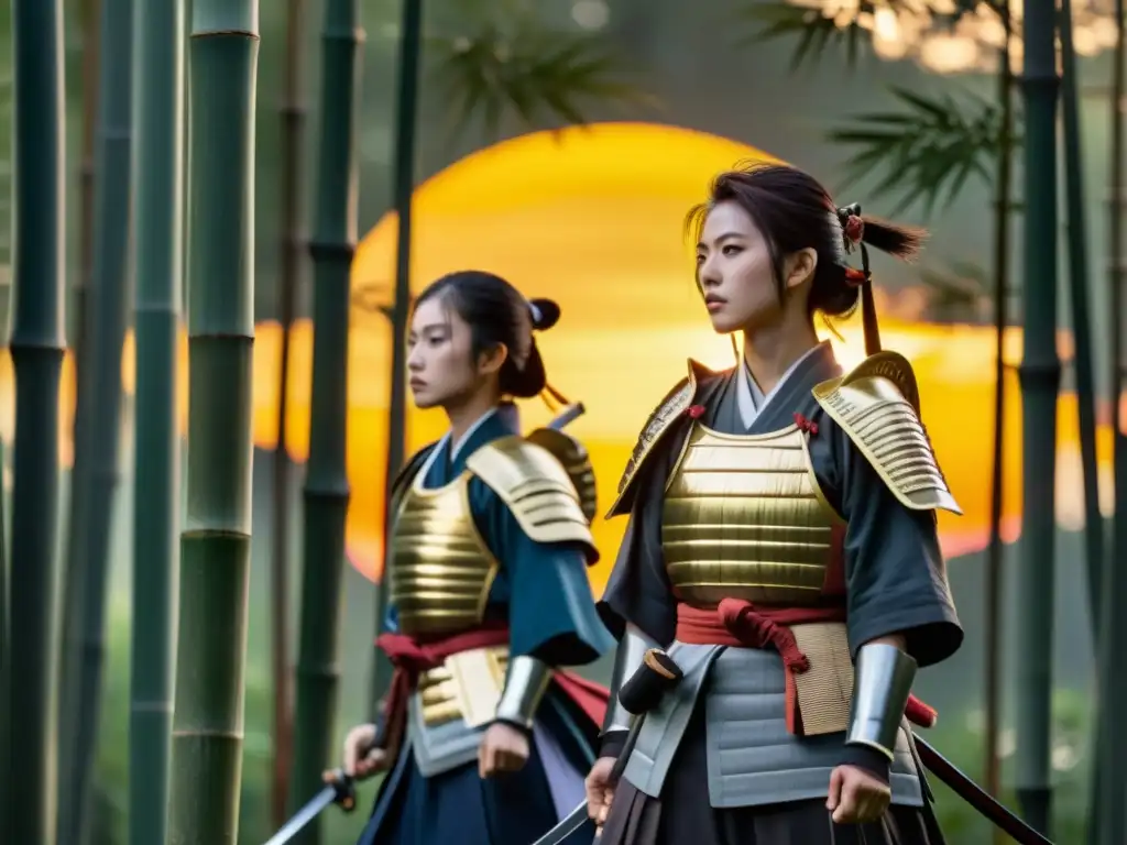 Un grupo de mujeres samuráis en Japón feudal, listas para la batalla al atardecer en un bosque de bambú, con una expresión determinada y fuerte