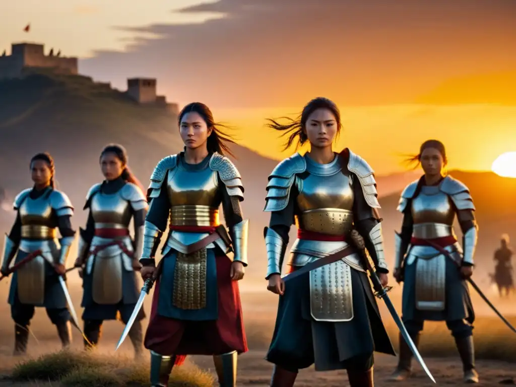 Grupo de mujeres samuráis en Japón feudal, mostrando su fuerza y determinación en el campo de batalla al atardecer