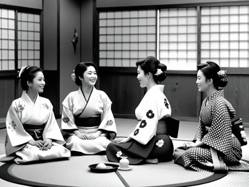 Un grupo de mujeres en el Shogunato, vistiendo kimonos tradicionales, disfrutan de una animada conversación en una sala japonesa