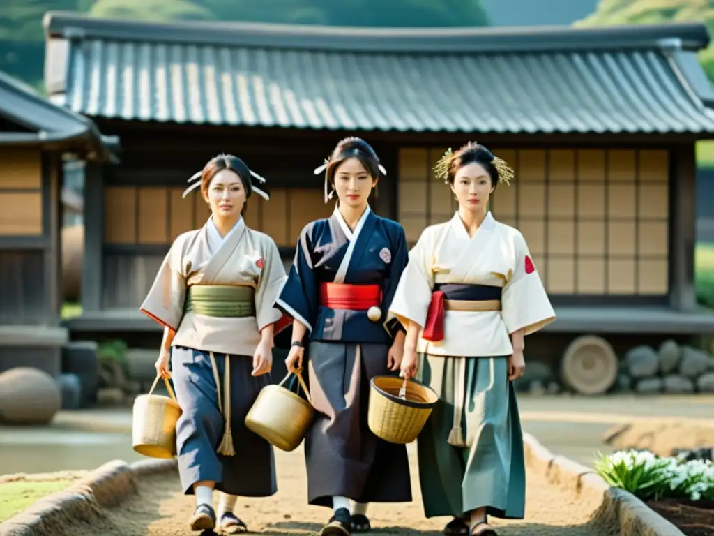 Grupo de mujeres en el Shogunato, vistiendo trajes tradicionales, trabajando y cuidando con determinación en un pueblo histórico japonés