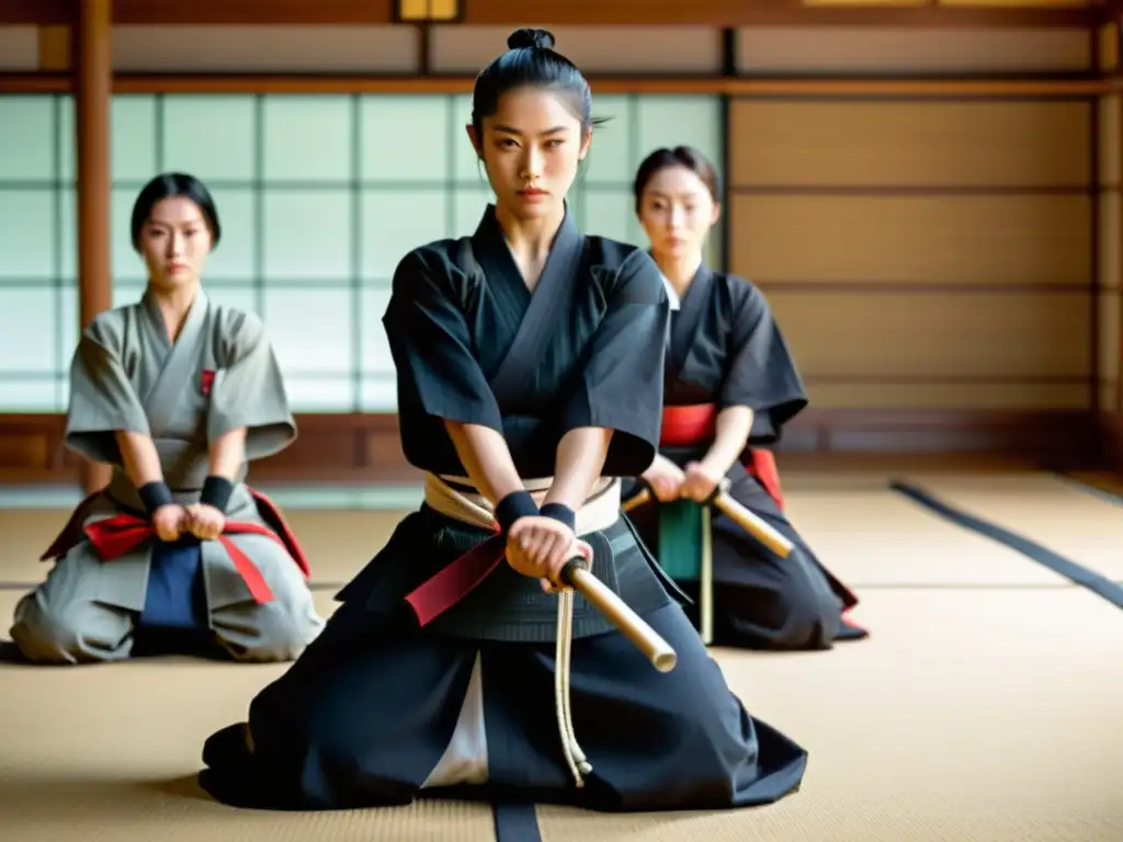 Grupo de mujeres en trajes samurái practicando artes marciales en un dojo tradicional, destacando su rol en la transmisión de la cultura samurái