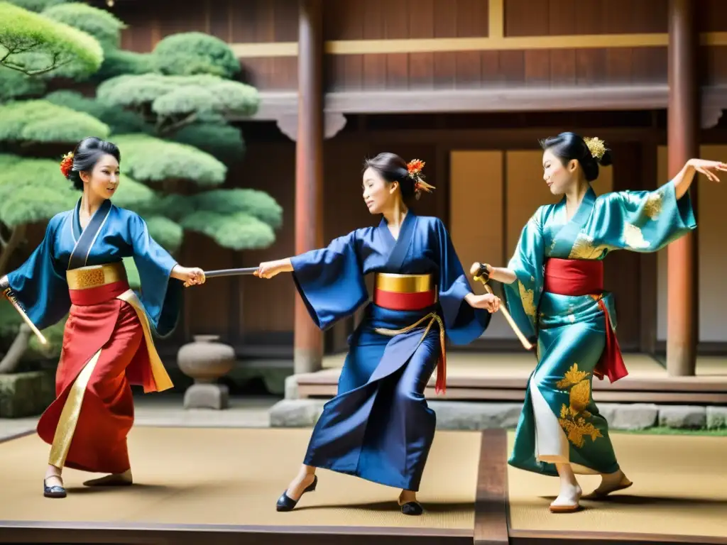 Un grupo de mujeres elegantemente vestidas realiza una danza japonesa tradicional con armas naginata en un patio al aire libre bañado por el sol