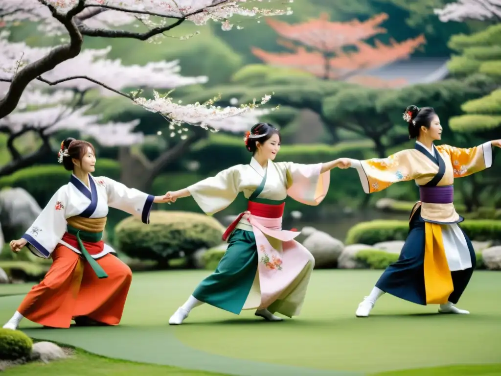 Un grupo de mujeres elegantemente vestidas demostrando Naginatajutsu en un hermoso jardín japonés con sakuras en flor