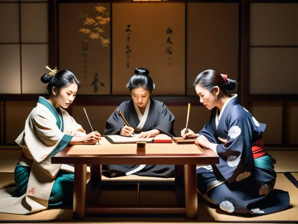 Un grupo de mujeres vestidas como samuráis escriben con determinación en una habitación con decoración japonesa