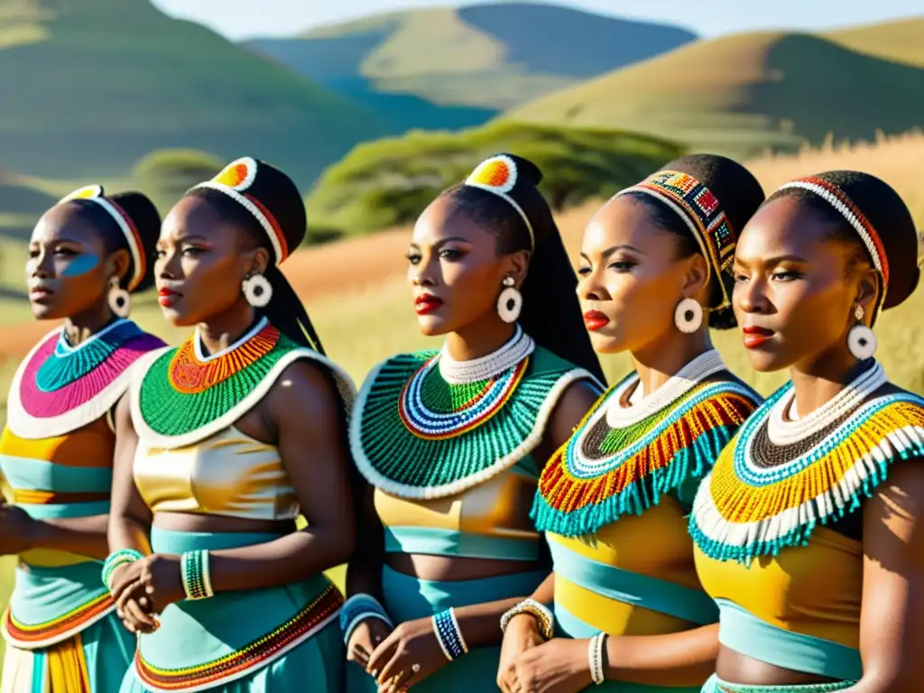 Un grupo de mujeres zulúes con atuendos tradicionales realiza una danza ceremonial en un paisaje vibrante y soleado