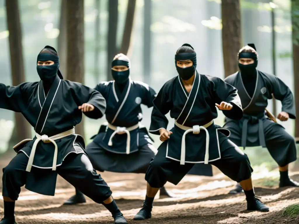 Un grupo de ninjas en un bosque practicando artes marciales con gracia, en una escena de intriga y misterio