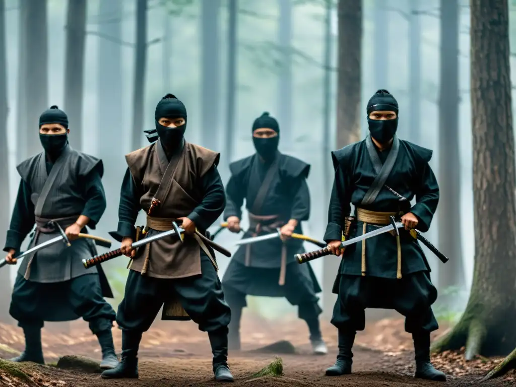 Un grupo de ninjas se desplaza sigilosamente entre la densa neblina del bosque al anochecer