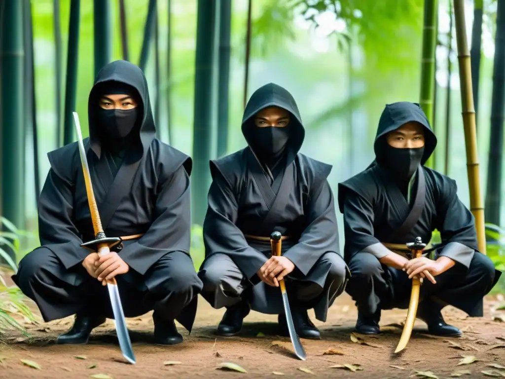 Un grupo de ninjas se prepara en la oscuridad de un bosque de bambú para una misión encubierta