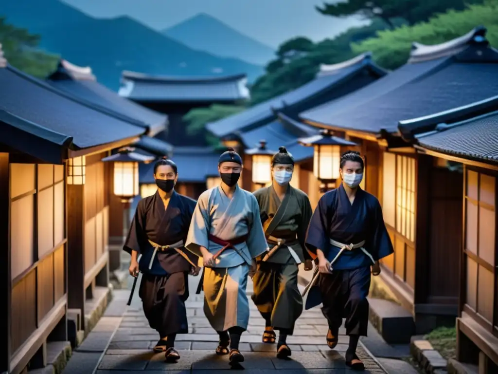 Un grupo de ninjas se desliza sigilosamente por un pueblo japonés de noche, bajo la luz de la luna, mostrando su naturaleza secreta