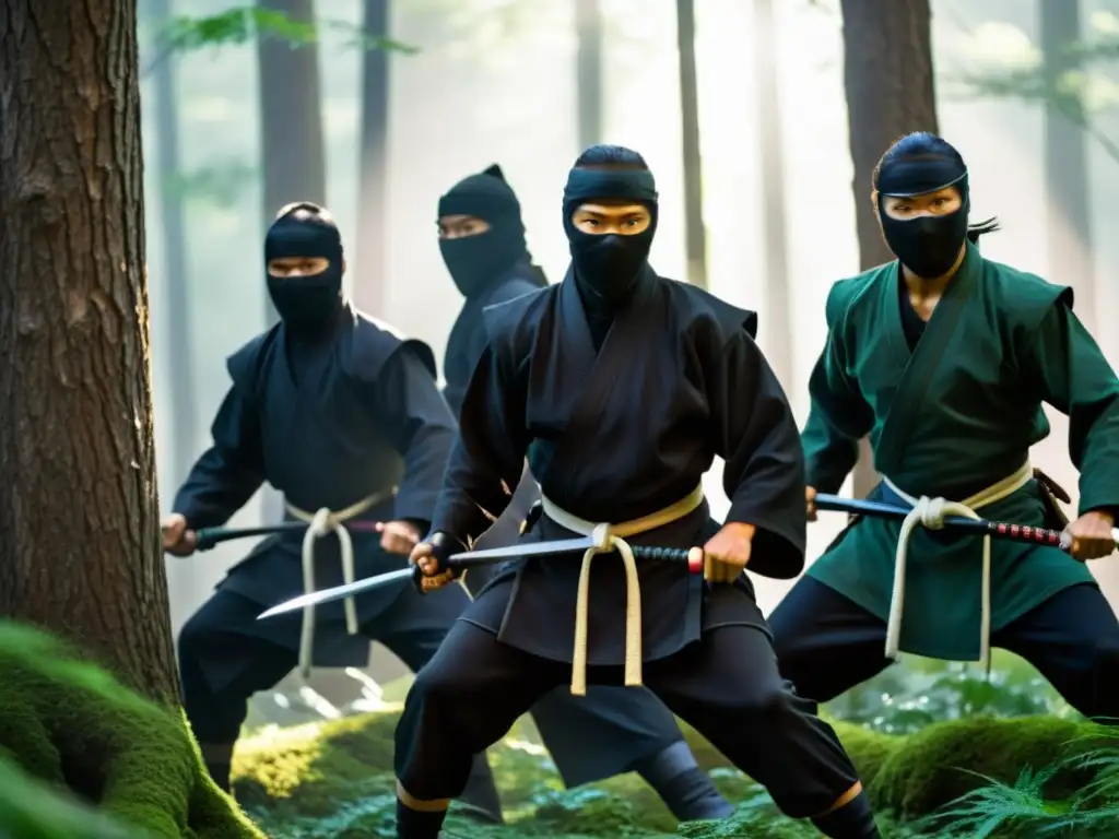 Un grupo de ninjas practicando sigilo y agilidad en un denso bosque cubierto de niebla, evocando la esencia de los ninjas en la cultura samurái