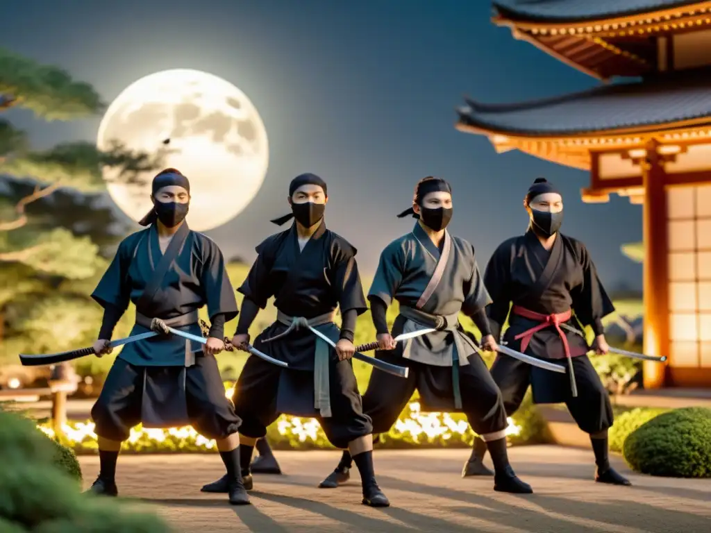 Un grupo de ninjas sigilosos en un jardín japonés a la luz de la luna, capturando la esencia del espionaje en la cultura samurái